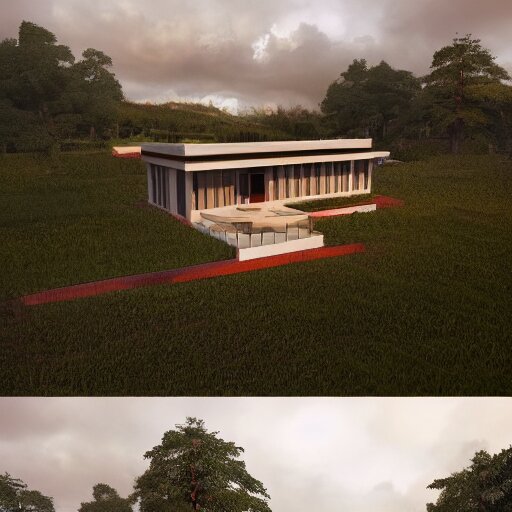 rectangular modernist house inspired by a tibetan palace, atrium, two levels, in a field, big trees, clouds, dramatic lighting, artstation, matte painting, raphael lacoste, simon stalenhag, frank lloyd wright, drone view 