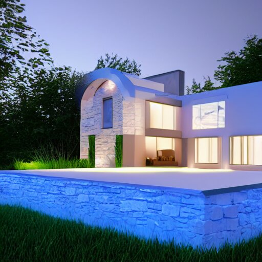 crystal ball with mini modern house with led strip lights inside it, octane render hyperdetailed, 