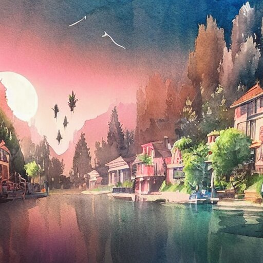 Beautiful happy picturesque charming sci-fi town in harmony with nature. Beautiful light. Water and plants. Nice colour scheme, soft warm colour. Beautiful detailed artsy watercolor by Vincent. (2022)