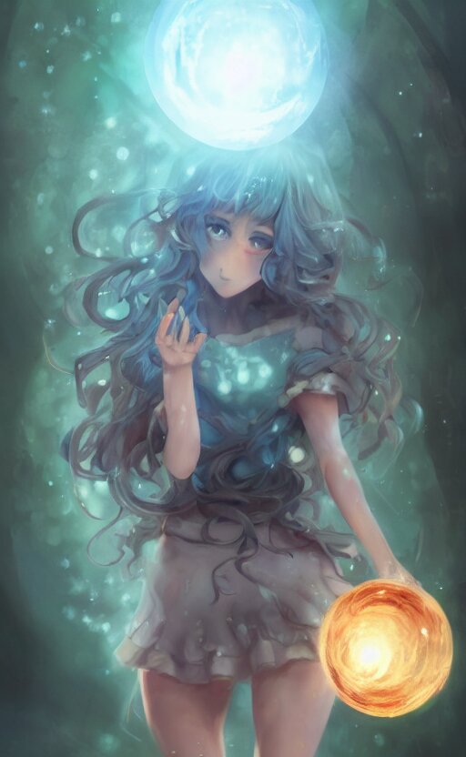 anime girl with curly hair holding a magical orb, WLOP, concept art, digital painting, trending on artstation, highly detailed, epic composition, 8k UHD