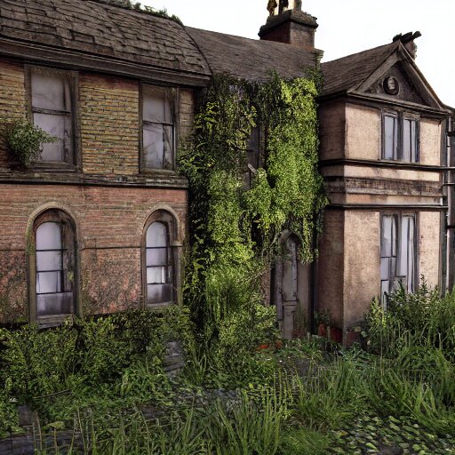 outside a derelict victorian house, garden in front of house is overgrown and walls are crumbling down, moss and ivy cover the walls ray traced unreal 5, ultra details 