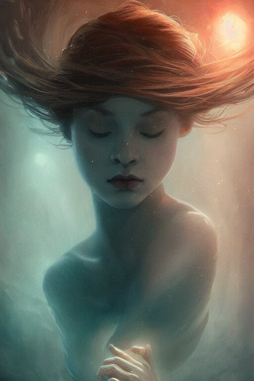 meditation deep in dark murky water!!!, underwater atmospheric mood, asleep and dreaming! cinematic volumetric lights, bust portrait, dnd, fantasy, intricate, elegant, highly detailed, digital painting, artstation, concept art, smooth, sharp focus, illustration, art by artgerm and tom bagshaw and greg rutkowski and alphonse mucha 