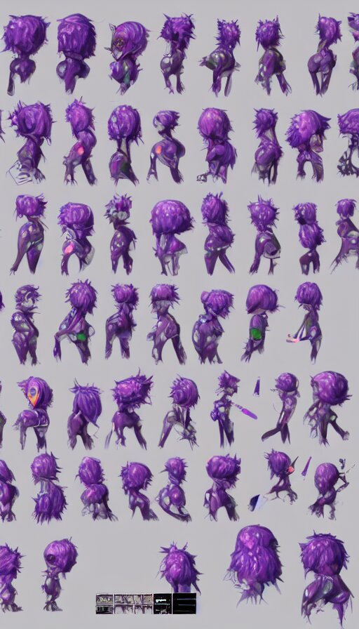 a sprite sheet of a graffiti wirter holding a spray can and purple hair, 3D character, sweat drops, insane, intricate, highly detailed, oil painting, smooth, sharp focus, Unreal Engine 5, 8K