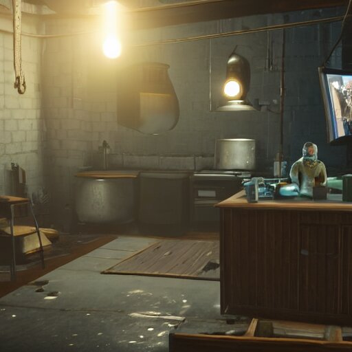 mr. house on the screen holds a faceted glass of milk in one of the manipulators, realism, reflections, metal body, in the kitchen, in the style of fallout 4, 