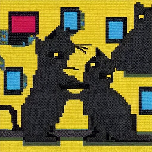 8-bit art of a black cat and gray mouse, 80s, vivid colors