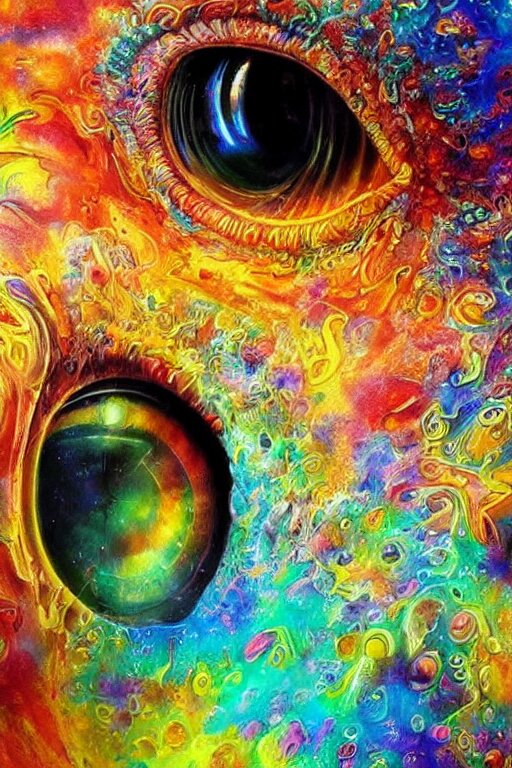 hyperrealistic abstract close-up Renaissance psychedelic!! celestial happy! pure creature!! peaceful! kind spirit of nature! beautiful fractal!! eyes! highly detailed concept art eric zener elson peter cinematic hard rainbow lighting high angle hd 8k sharp shallow depth of field endless, inspired by Zdzisław Beksiński Salvador Dali