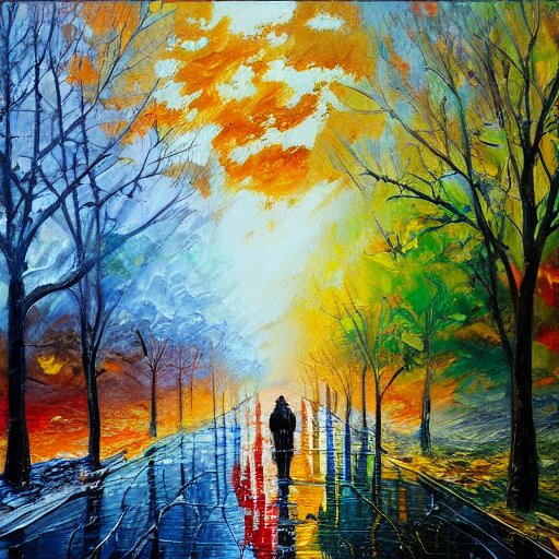 painting depicting all four season in one paintng, concept art, artstation, detailed, impressionism, oil on canvas, knife painting, messy, 