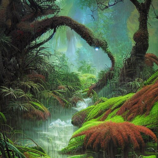 digital painting of a lush wet natural scene on an alien planet by gerald brom. digital render. detailed. beautiful landscape. colourful weird vegetation. 