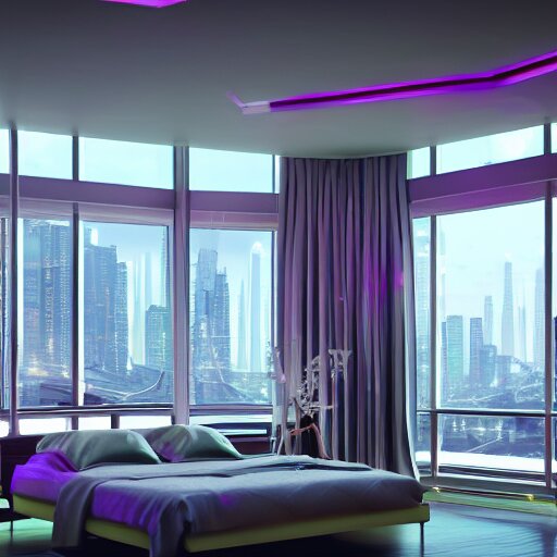 a futuristic luxury white bedroom with ceiling high windows looking out to a cyberpunk cityscape, flying cars, night time, neon lights, cinematic 3d render, unreal engine 5, cgsociety