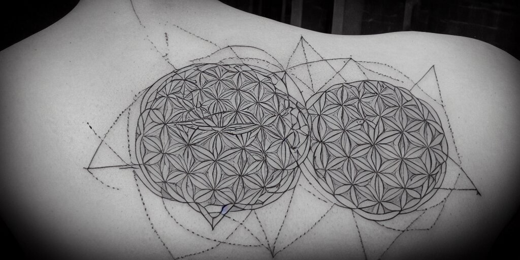 sacred geometry tattoo design, flower of life, sri yantra, dotwork, design, tattoo, 8 k 