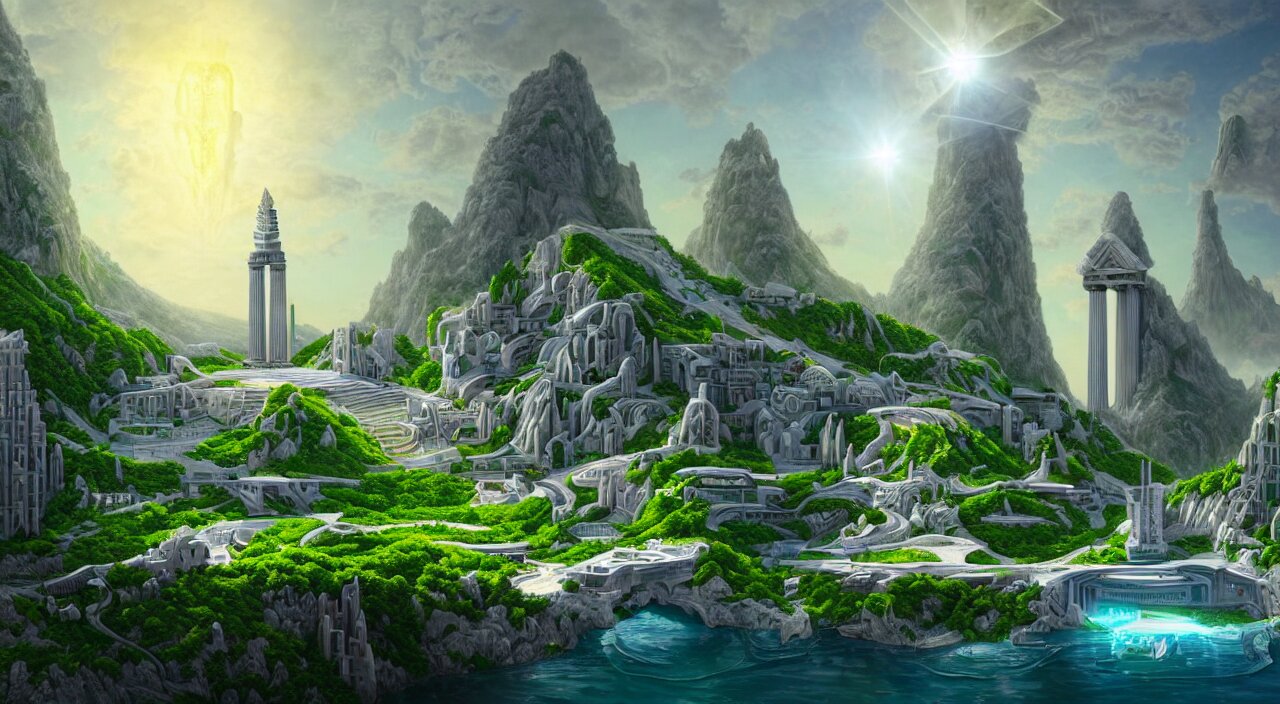 
a matte painting futurist of a green water city of Atlantis grec greeble temple olymp glory in sun shaft zeus sky tower statue pantheon ivy plant grow flower in white marble gold incrusted of legends adn red flag dynasty by Frank Lloyd Wright and Zaha Hadid torch volume light stylized illustration  digital airbrush painting, 3d rim light, hyperrealistic masterpiece, artstation, cgsociety, kodakchrome, golden ratio waterfall


