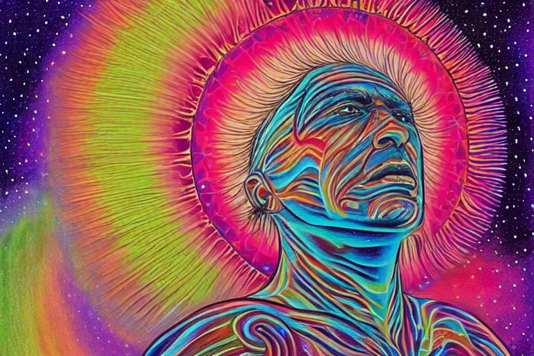 digital art of a spiritual native american man looking up at the stars, glowing light, acrylic art, universe, painting, pastel colors, alex grey, 