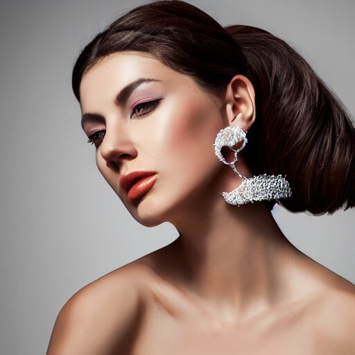 fashion photo, haute couture female model wearing bejeweled scissor earrings:5, bejeweled scissor chest plate:5, bejeweled scissor bracelets:5, hyper realistic, detailed, dramaticly beautiful, 8k, Octane