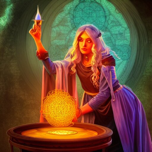 female mage is casting a magic spell, fantasy, D&D, HDR, digital art , award winning photograph, 8k, Mucha style,