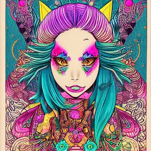 hatsune miki, intricate, amazing line work, cosmic, psychedelic, cheerful, colorful, tarot cards, the devil tarot card