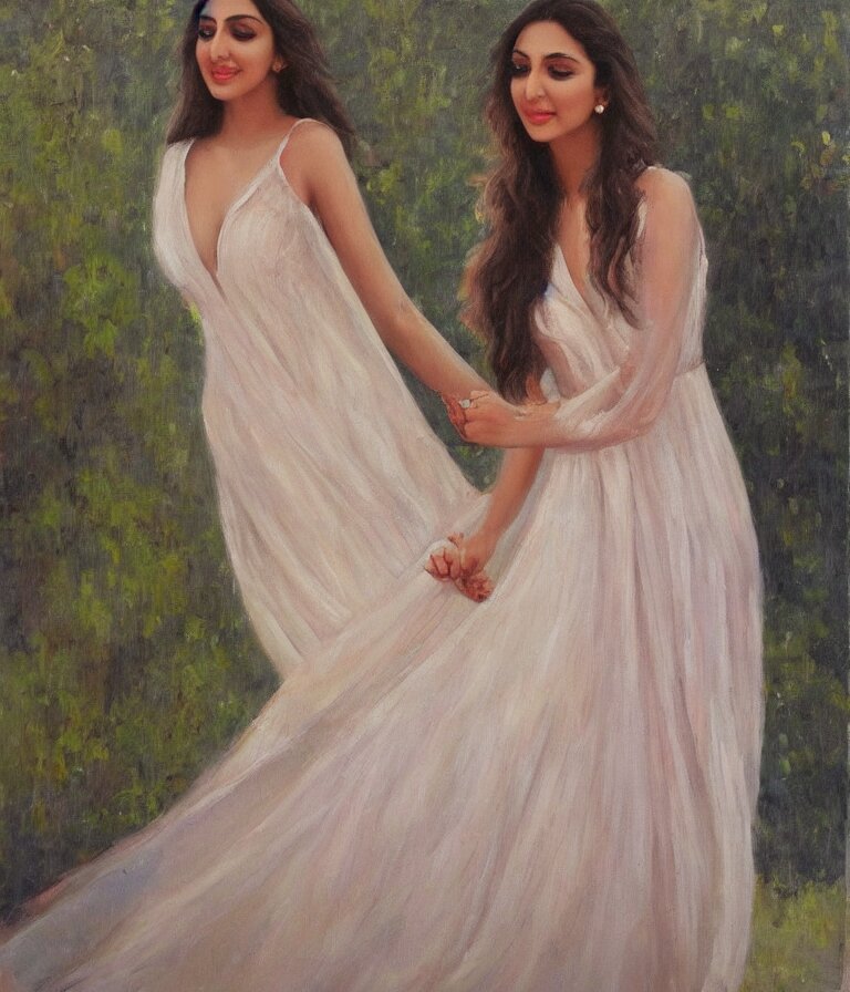 Kiara Advani in V-neck dress. history painting, dusk, flowy dress Kiara Advani, artstation, oil on canvas, by Albert Aublet, Private Collection