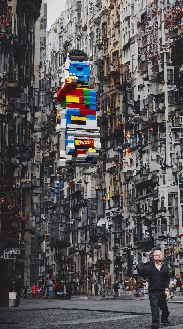 hyperrealistic giant lego man walking through street, street view, epic lighting, composition 