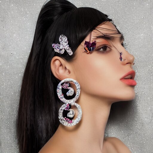 fashion photo, haute couture female model wearing bejeweled scissor earrings:5, bejeweled scissor chest plate:5, bejeweled scissor bracelets:5, hyper realistic, detailed, dramaticly beautiful, 8k, Octane