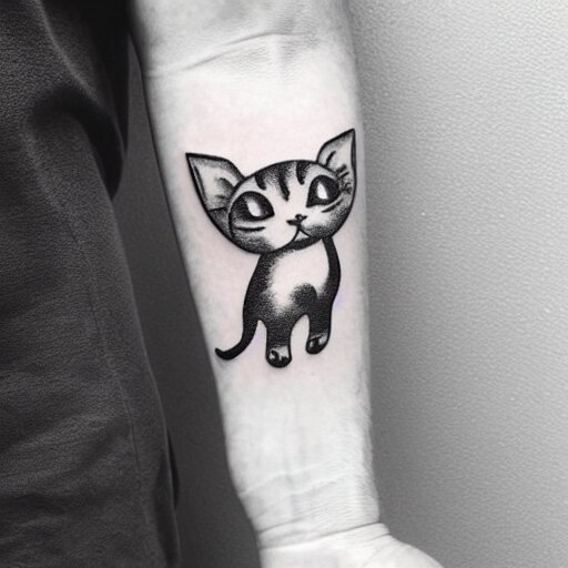 stick and poke tattoo of a cat, black and white tattoo, linework 