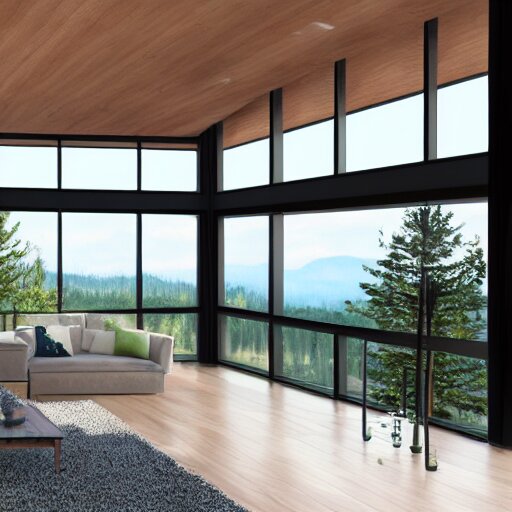 architecture render of a beautiful modern living room with wood floors, large windows with a beautiful view, an area rug, forest, mountains, realistic, hd, 8 k, digital rendering, unreal engine, blender, octane, maya 