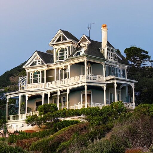 a victorian style 2 story house on top of a hill surrounded by an ocean full of sharks 