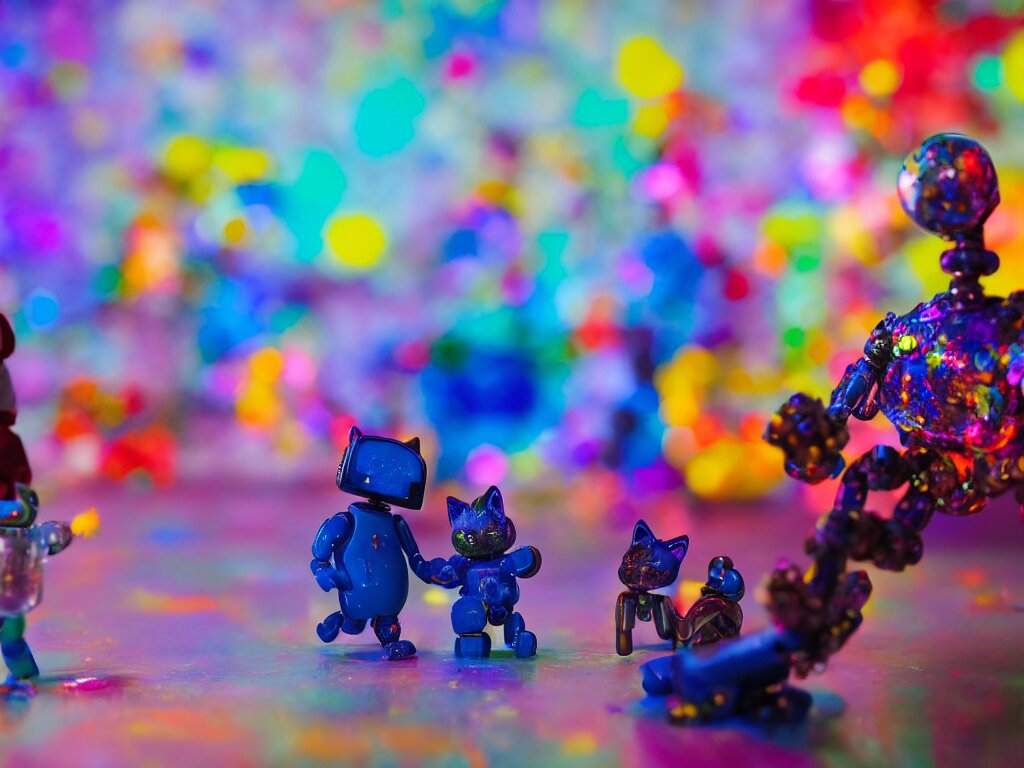 a cinematic film still of a claymation stop motion film, a gay mage and his artist boyfriend in a colorful glass universe, making robotic kittens, shallow depth of field, 8 0 mm, f 1. 8 