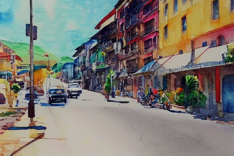 !! watercolor!! penang road in a sunny day, artwork by tooth wu, colorful contrast,!! very coherent!!, dark shadow, thick lineart 