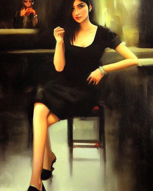 beautiful portrait painting an gorgeous delhi girl wearing a little black dress at a bar, oil painting, art by ruan jia 