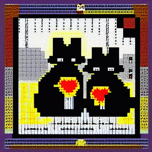 8-bit art of a black cat and gray mouse, 80s, vivid colors