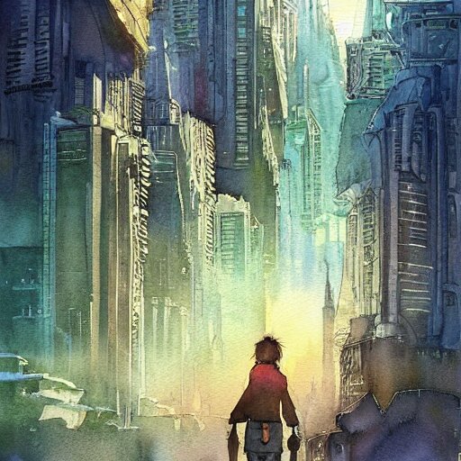 Beautiful happy picturesque charming sci-fi city in harmony with nature. Nature everywhere. Nice colour scheme, soft warm colour. Beautiful detailed watercolor by Lurid. (2022)