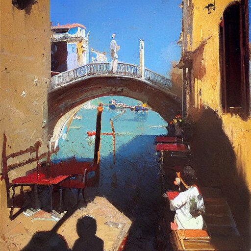 italian restaurant in venice, sunny, shadows, craig mullins 