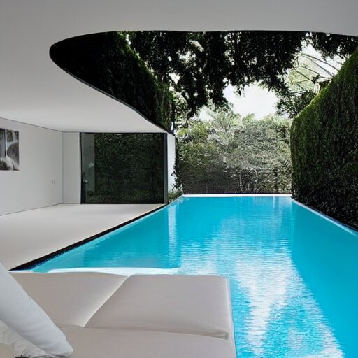 a new swimming pool in a large white room with a door that leads to a gray room with on light on in it. dream like. 