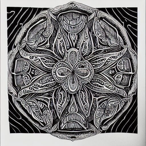 a hyper detailed organic biomorphic black and white ink drawing of a super symmetrical mandala lizzie snow zen pattern zentangle henna hyper realism crazy detail 