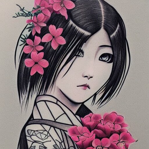 tattoo design, stencil, traditional, beautiful portrait of a Japanese girl with flowers in her hair, upper body, by artgerm, artgerm, digital art, cat girl, anime eyes, anime, sexy-s 100