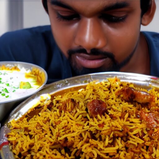 A college student is eating chicken biryani in an Andhra mess, highly detailed, 4k