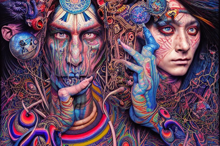 psychedelic shaman, blue and pink, wearing shipibo tattoos, inside an epic, ancient temple, ayami kojima, greg hildebrandt, mark ryden, hauntingly surreal, eerie vibrating color palette of charlie immer, highly detailed painting by, jenny saville, soft light 4 k 