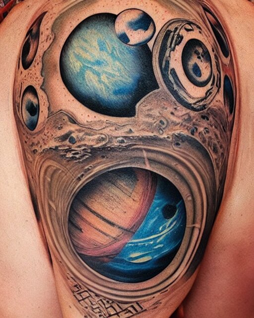 planets on the top of a broken renaissance head statue, realism tattoo design, in the style of matt jordan 