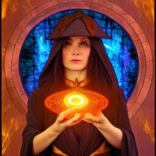 female mage is casting a magic spell, fantasy, D&D, HDR, digital art , award winning photograph, 8k, Mucha style,