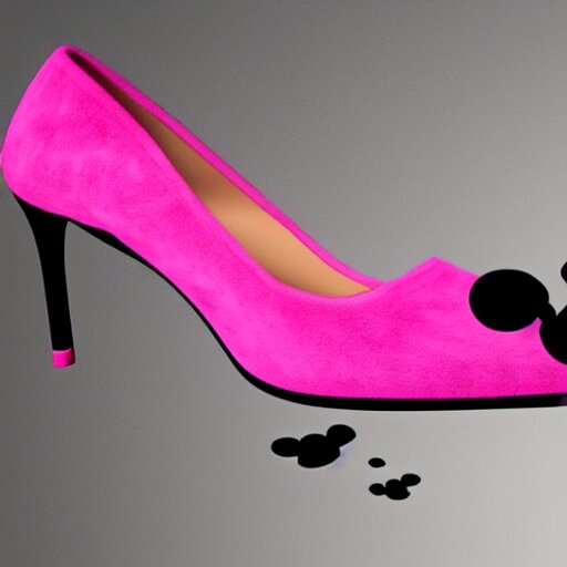 pink suede pumps shoes with slim heels and pointed toes with a happy mickey mouse printed on it, photorealistic, transluscent, glass, beautiful, architecture, product design, clean, highly detailed, 8 k, ornate detail 