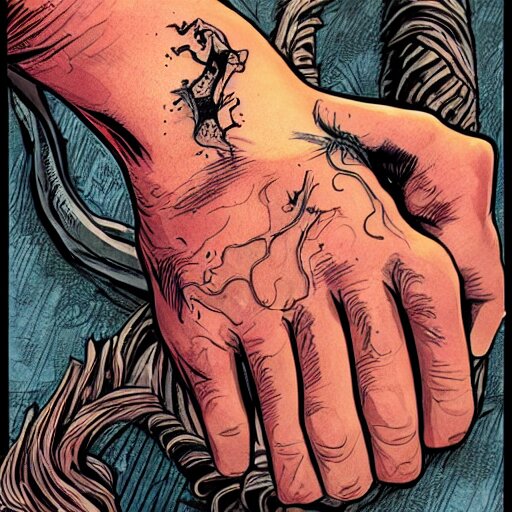 precisely drawn illustration of tattoo of seven fingered hand on upper arm, wide angle, sharp, fine details, french comic style, vibrant realistic colors, full color, heroic fantasy, intense line art, 8 k, precise linework, realistic, in the style of heavy metal comics and richard corben and moebius 