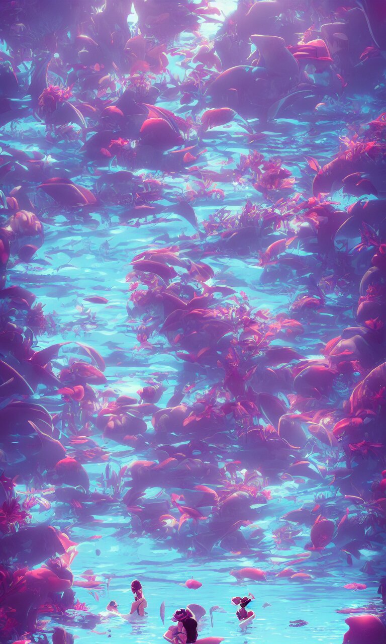 bordeaux under water immerged in a paradisiac lagoon full of tropical fish, butterflies, palms and surrounded by riverfalls, global illumination lighting artstation, lois van baarle, ilya kuvshinov, rossdraws 