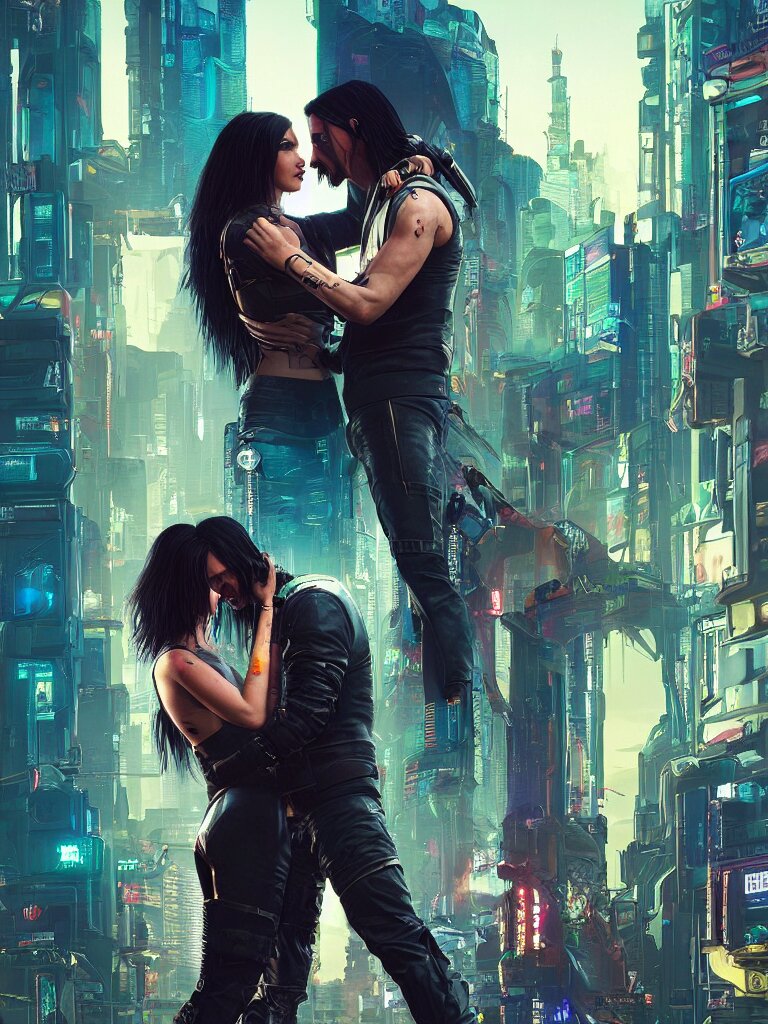 Lexica A Cyberpunk 2077 Srcreenshot Couple Portrait Of Keanu Reeves And A Female Android Final 4167