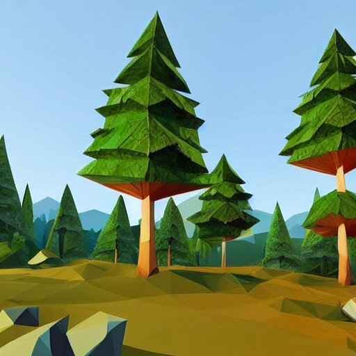 a forest of 3d low poly trees with the mountains in the background, high quality, mobile game