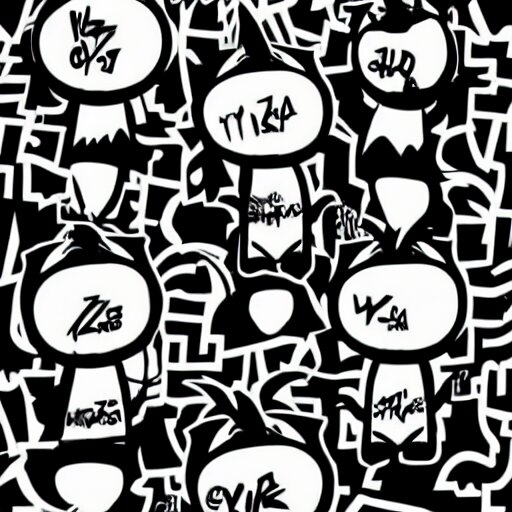 zef design black and white color scheme, graffiti, cute characters 