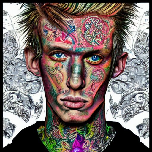 an extremely psychedelic portrait of mgk, surreal, lsd, face, detailed, intricate, elegant, lithe, highly detailed, digital oth, sharp focus, illustration, 