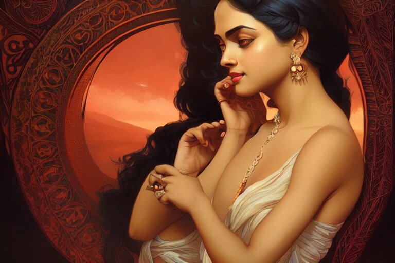 sensual bengali girl, art deco portrait, elegant, intricate, digital painting, artstation, concept art, smooth, sharp focus, illustration, art by artgerm and greg rutkowski and alphonse mucha 