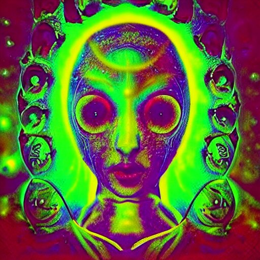 “photo of a beautiful extraterrestrial woman goddess, psychedelic, dmt, lsd, epiphany, fractals, alien forms, organic, acidic, acid, 8k”