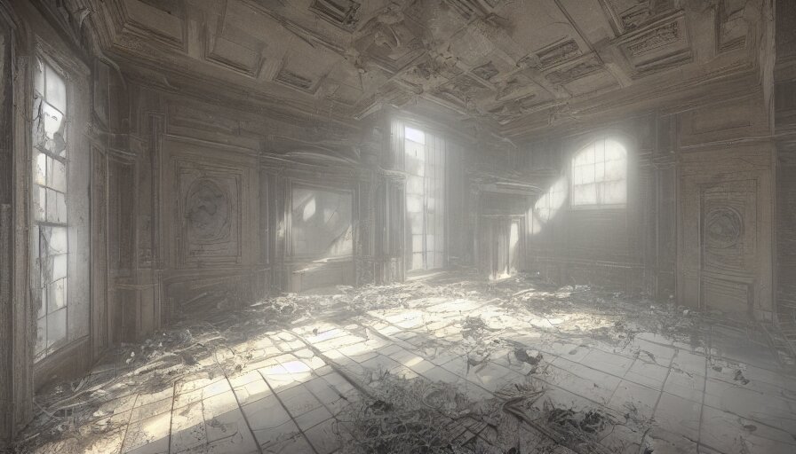 abandoned capitol with cobwebs, dusty dirty floor, collapsed ceiling, flying dust particles, light through, hyperdetailed, artstation, cgsociety, 8 k 