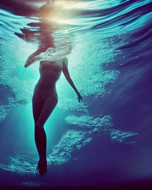 photo of beautiful woman underwater during sunrise, flowing fabric, sunrays, elegant, caustics, rippling water, photoshoot, haunting, iconic, masterpiece, sharp focus, art by  trending on artstation