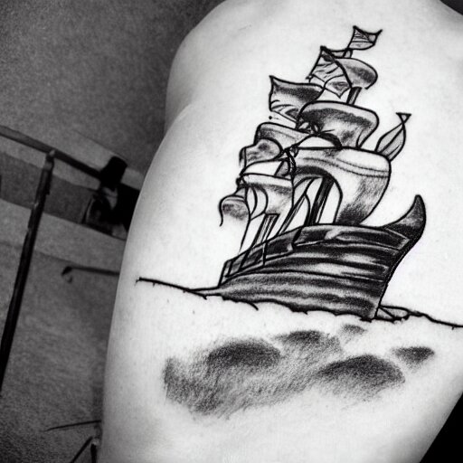 pirate ship on a deserted island, realism tattoo drawing, hyper ...